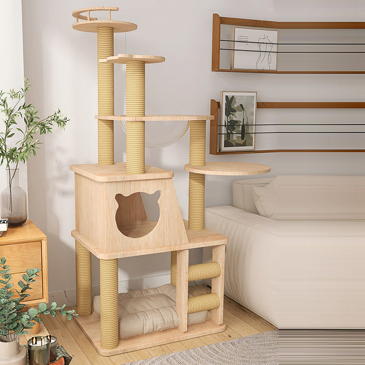 Contemporary Creative Cylindrical Trapezoid Solid Wood Hemp Rope Cat Tree For Living Room