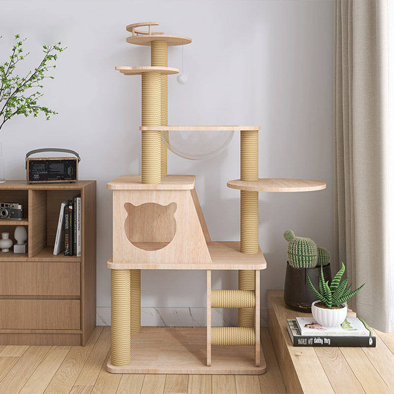 Contemporary Creative Cylindrical Trapezoid Solid Wood Hemp Rope Cat Tree For Living Room