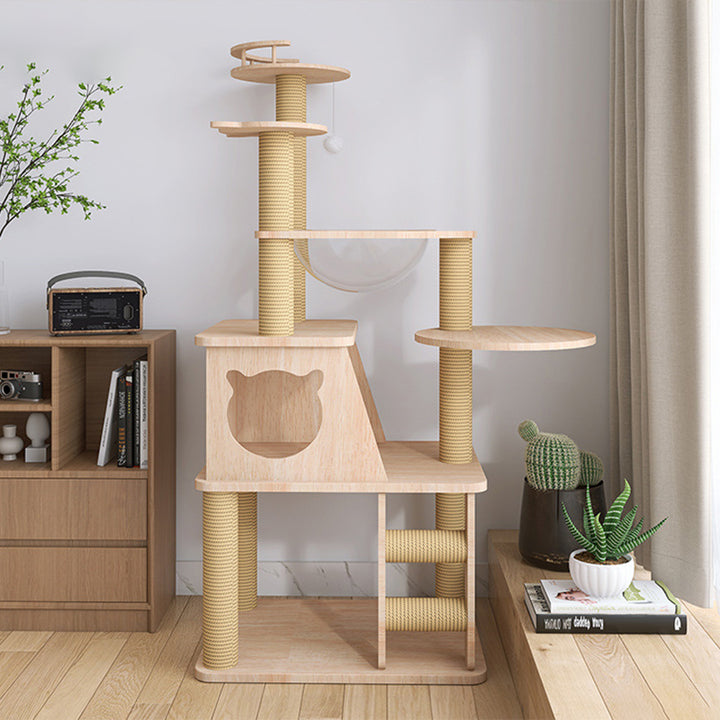 Contemporary Creative Cylindrical Trapezoid Solid Wood Hemp Rope Cat Tree For Living Room
