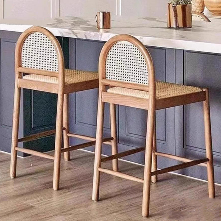 Traditional French Arched Rubberwood Faux Rattan Bar Stool Backrest Armless For Dining Room & Kitchen