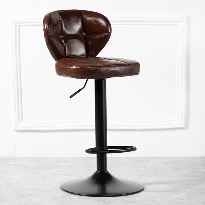 Contemporary Luxury Curved Cylindrical Adjustable Height Faux Oil Wax Leather Metal Bar Stool Backrest Armless For Dining Room &amp; Kitchen