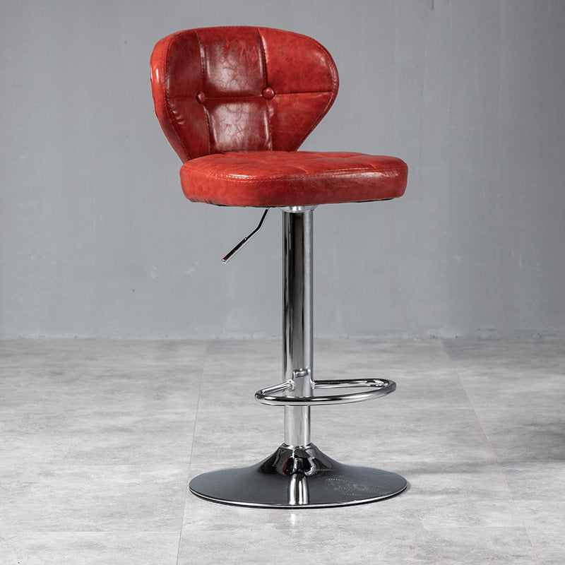 Contemporary Luxury Curved Cylindrical Adjustable Height Faux Oil Wax Leather Metal Bar Stool Backrest Armless For Dining Room &amp; Kitchen