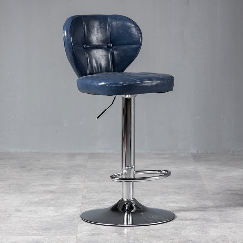 Contemporary Luxury Curved Cylindrical Adjustable Height Faux Oil Wax Leather Metal Bar Stool Backrest Armless For Dining Room &amp; Kitchen