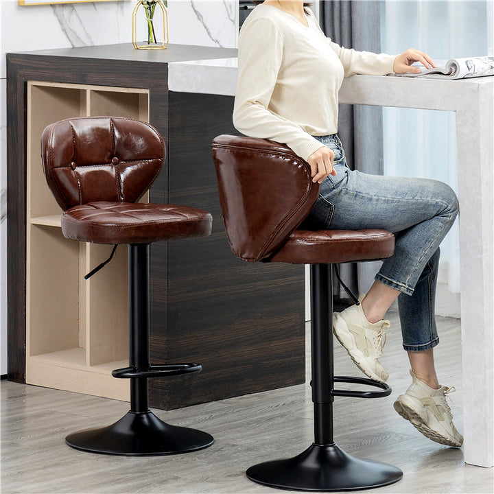 Contemporary Luxury Curved Cylindrical Adjustable Height Faux Oil Wax Leather Metal Bar Stool Backrest Armless For Dining Room &amp; Kitchen