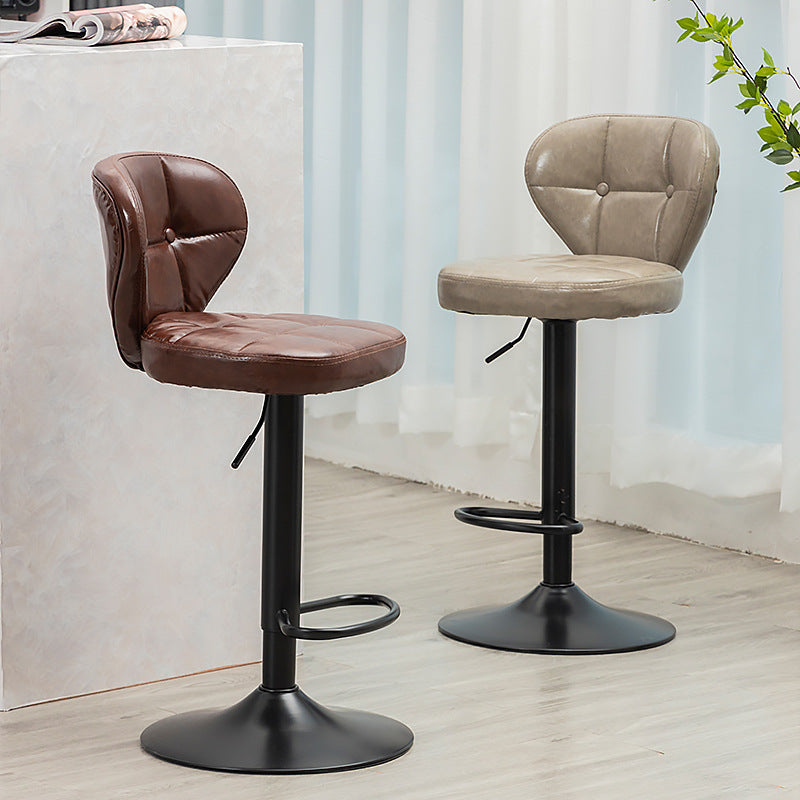 Contemporary Luxury Curved Cylindrical Adjustable Height Faux Oil Wax Leather Metal Bar Stool Backrest Armless For Dining Room &amp; Kitchen