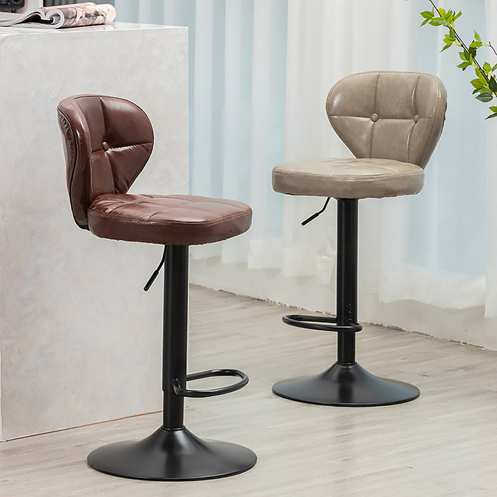 Taburete de bar cilíndrico curvado de lujo contemporáneo con altura ajustable, cuero sintético de cera de aceite, metal, respaldo sin brazos para comedor y cocina 