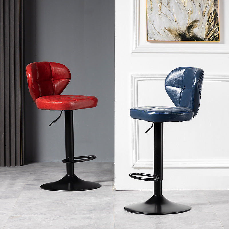 Contemporary Luxury Curved Cylindrical Adjustable Height Faux Oil Wax Leather Metal Bar Stool Backrest Armless For Dining Room &amp; Kitchen