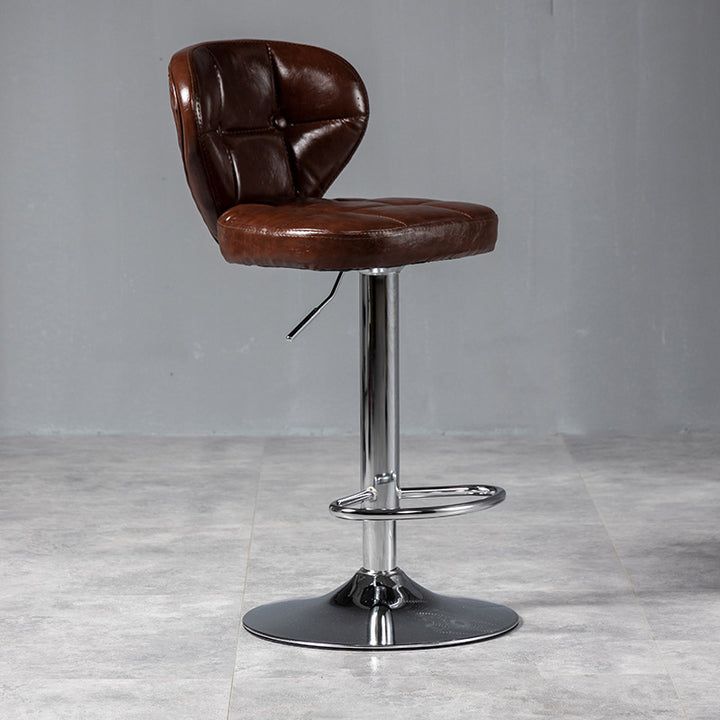 Contemporary Luxury Curved Cylindrical Adjustable Height Faux Oil Wax Leather Metal Bar Stool Backrest Armless For Dining Room &amp; Kitchen