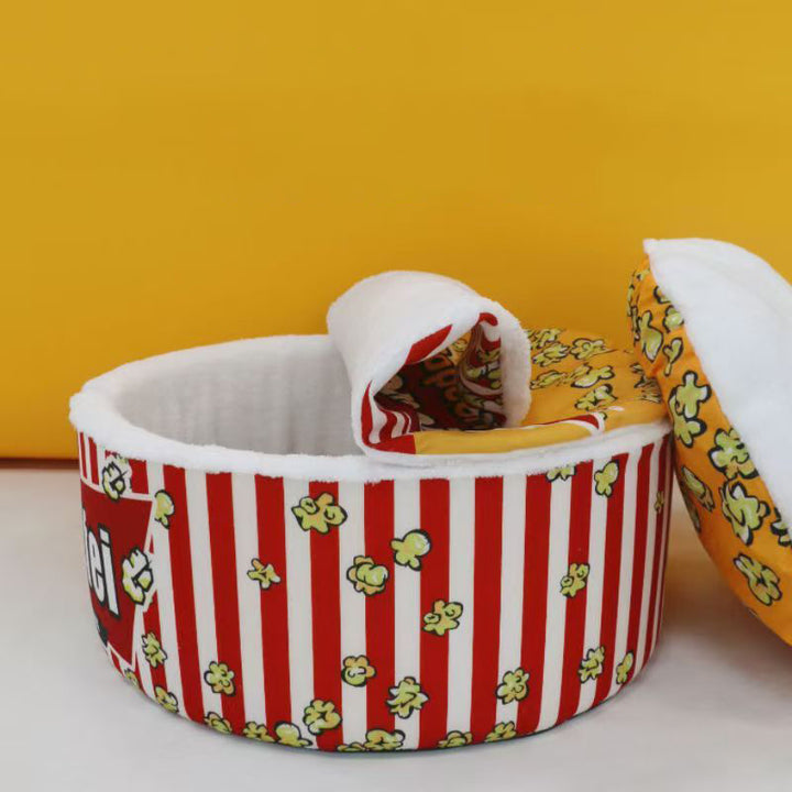Seau à popcorn cylindrique créatif contemporain en velours cristal et velours arctique, lit pour animaux détachable, lit pour chat pour chambre à coucher 
