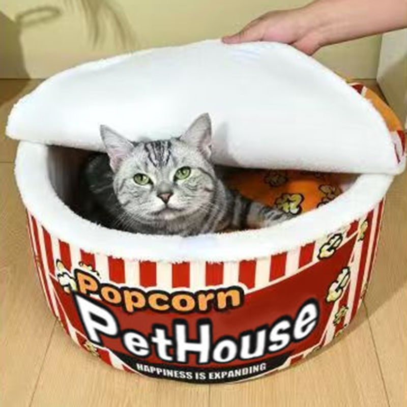 Seau à popcorn cylindrique créatif contemporain en velours cristal et velours arctique, lit pour animaux détachable, lit pour chat pour chambre à coucher 