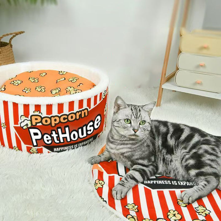 Seau à popcorn cylindrique créatif contemporain en velours cristal et velours arctique, lit pour animaux détachable, lit pour chat pour chambre à coucher 