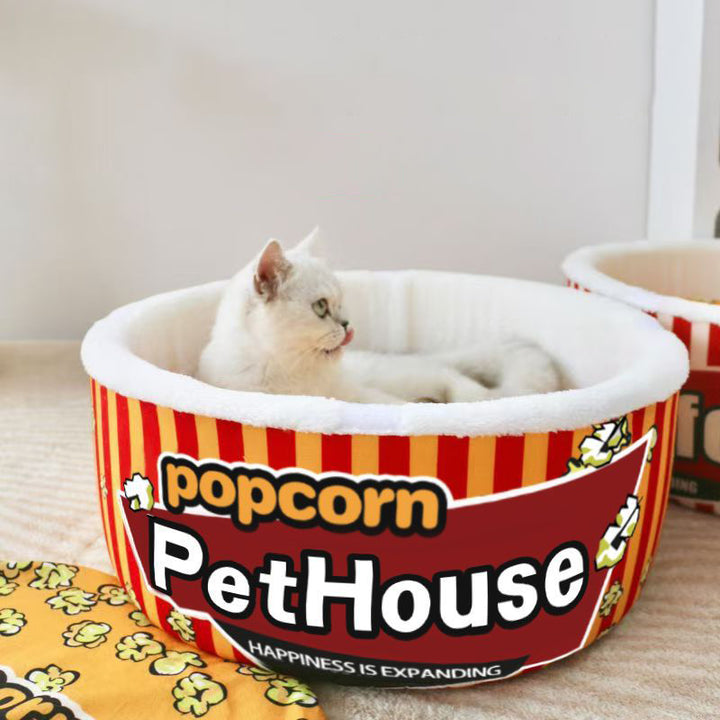 Seau à popcorn cylindrique créatif contemporain en velours cristal et velours arctique, lit pour animaux détachable, lit pour chat pour chambre à coucher 
