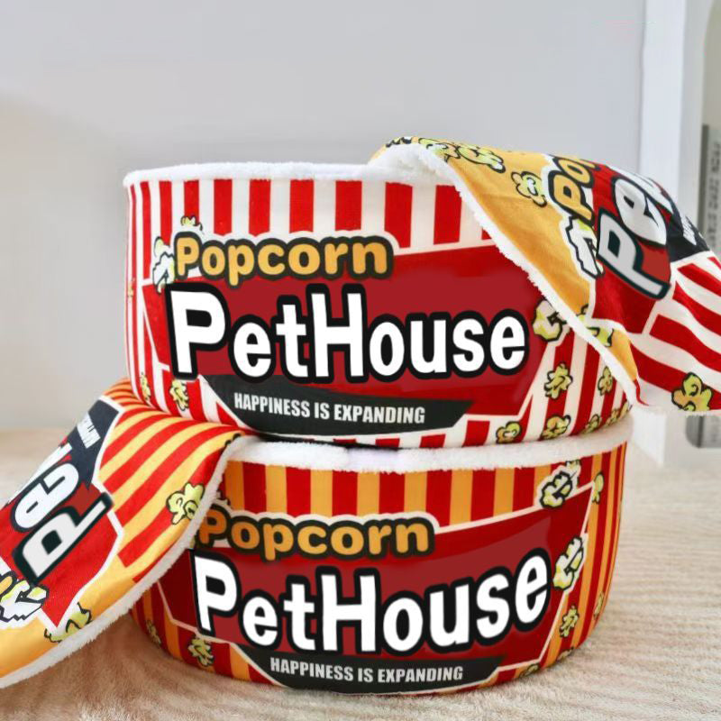 Seau à popcorn cylindrique créatif contemporain en velours cristal et velours arctique, lit pour animaux détachable, lit pour chat pour chambre à coucher 
