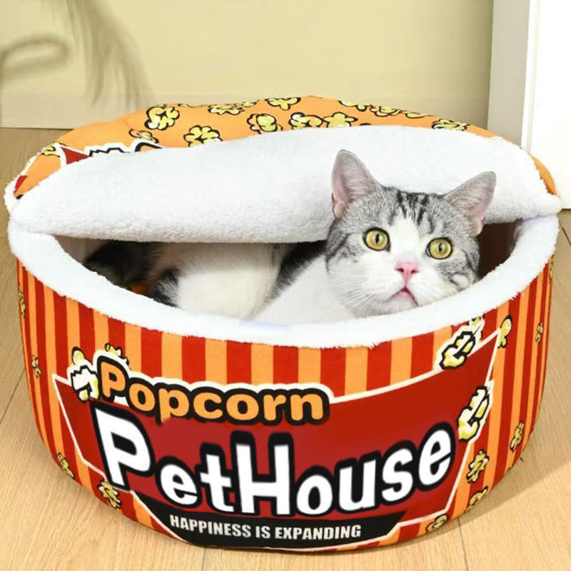Seau à popcorn cylindrique créatif contemporain en velours cristal et velours arctique, lit pour animaux détachable, lit pour chat pour chambre à coucher 