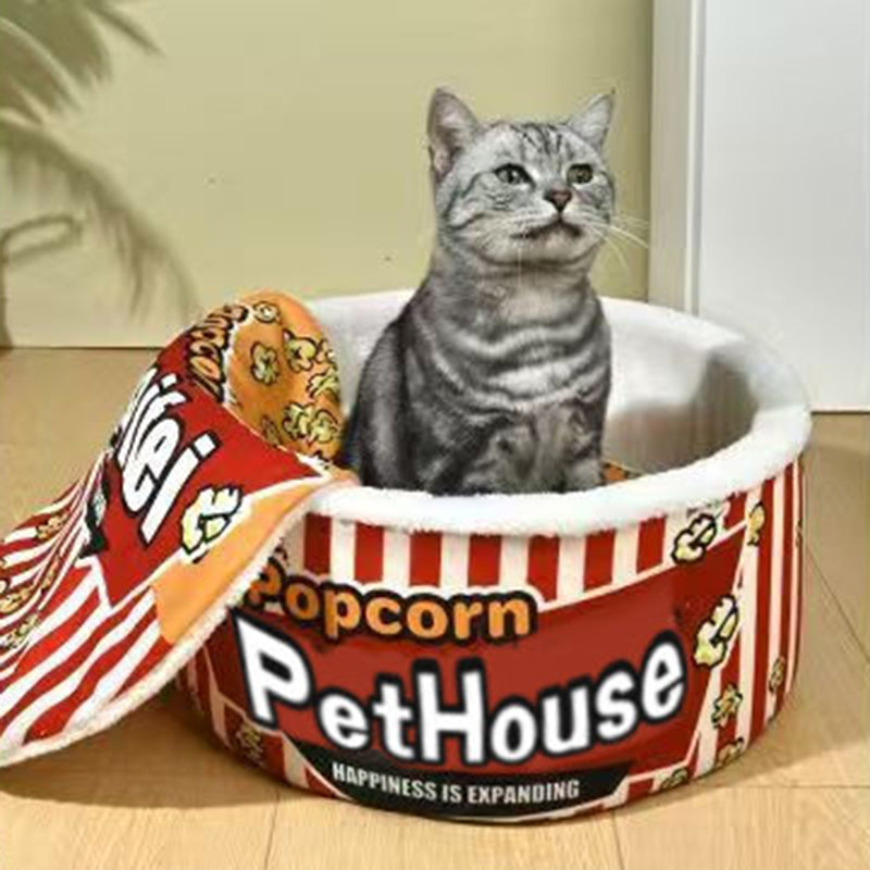 Seau à popcorn cylindrique créatif contemporain en velours cristal et velours arctique, lit pour animaux détachable, lit pour chat pour chambre à coucher 