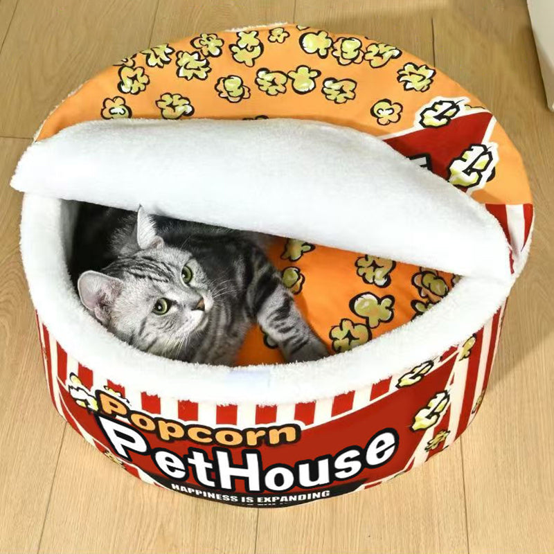 Seau à popcorn cylindrique créatif contemporain en velours cristal et velours arctique, lit pour animaux détachable, lit pour chat pour chambre à coucher 