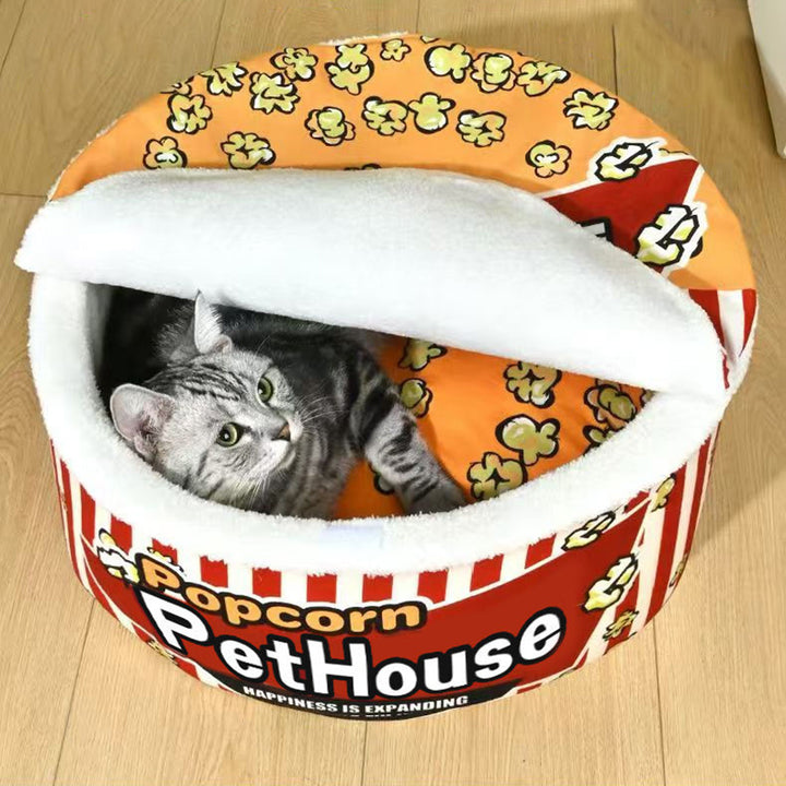 Seau à popcorn cylindrique créatif contemporain en velours cristal et velours arctique, lit pour animaux détachable, lit pour chat pour chambre à coucher 