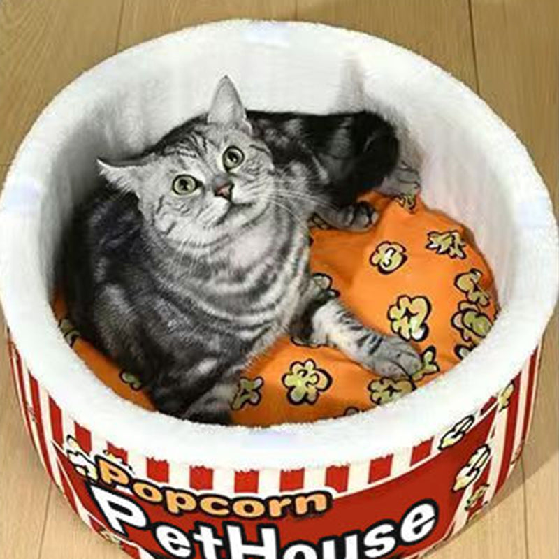 Seau à popcorn cylindrique créatif contemporain en velours cristal et velours arctique, lit pour animaux détachable, lit pour chat pour chambre à coucher 