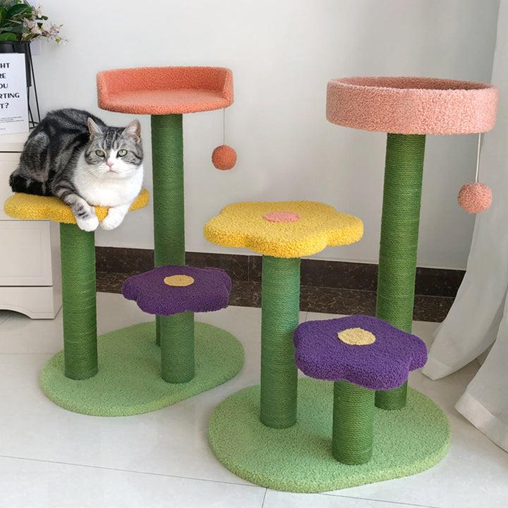Arbre à chat contemporain créatif en forme de fleur cylindrique en panneau de fibres à densité moyenne, velours Teddy et corde de chanvre pour chambre à coucher 