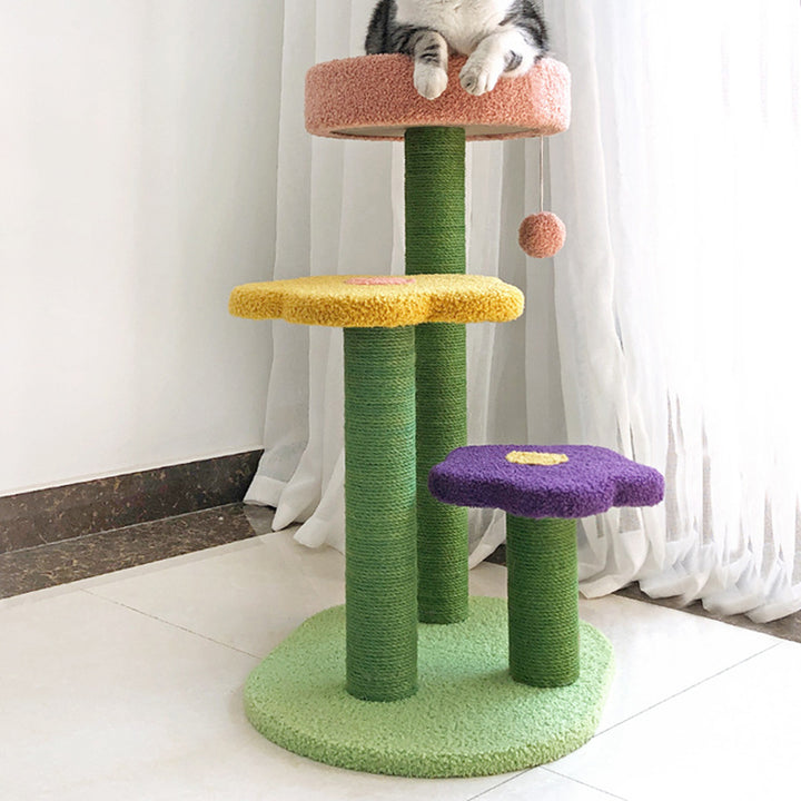 Arbre à chat contemporain créatif en forme de fleur cylindrique en panneau de fibres à densité moyenne, velours Teddy et corde de chanvre pour chambre à coucher 