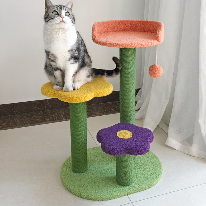 Arbre à chat contemporain créatif en forme de fleur cylindrique en panneau de fibres à densité moyenne, velours Teddy et corde de chanvre pour chambre à coucher 