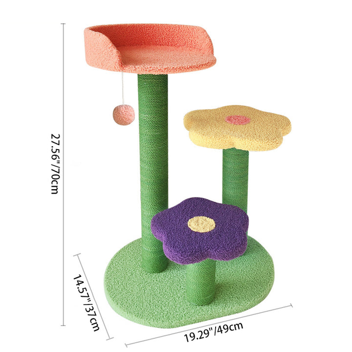 Arbre à chat contemporain créatif en forme de fleur cylindrique en panneau de fibres à densité moyenne, velours Teddy et corde de chanvre pour chambre à coucher 