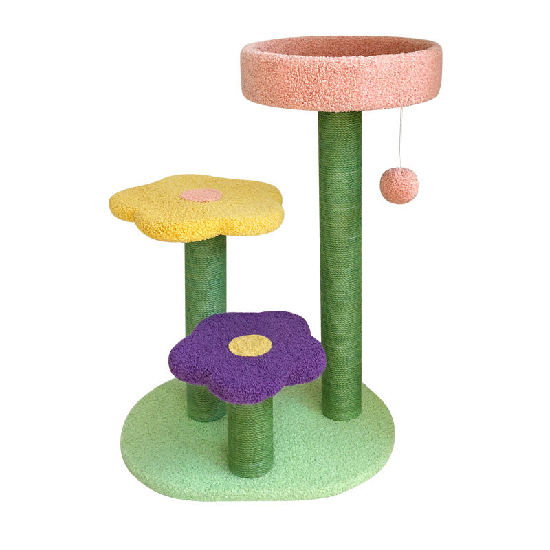Arbre à chat contemporain créatif en forme de fleur cylindrique en panneau de fibres à densité moyenne, velours Teddy et corde de chanvre pour chambre à coucher 