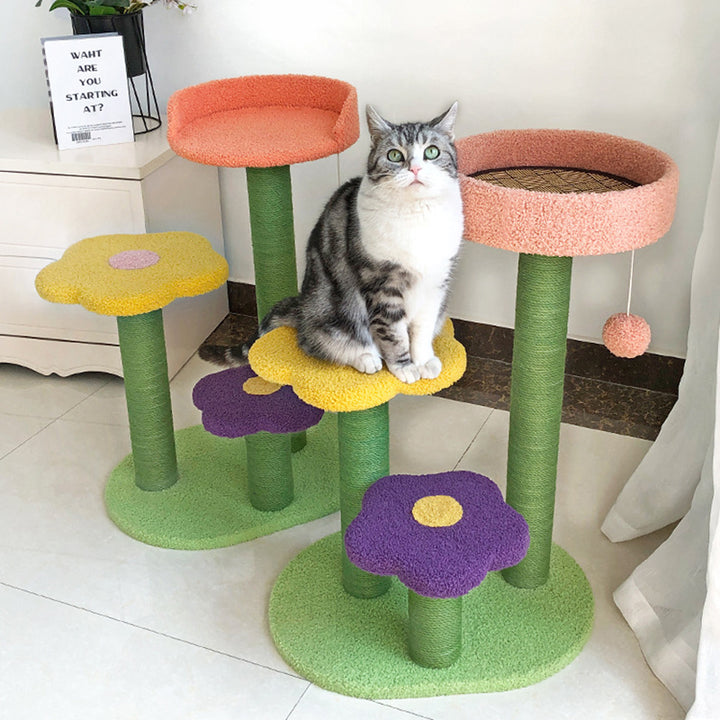 Arbre à chat contemporain créatif en forme de fleur cylindrique en panneau de fibres à densité moyenne, velours Teddy et corde de chanvre pour chambre à coucher 