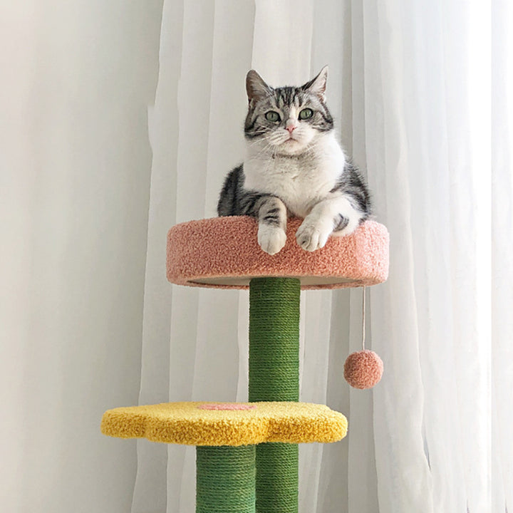 Arbre à chat contemporain créatif en forme de fleur cylindrique en panneau de fibres à densité moyenne, velours Teddy et corde de chanvre pour chambre à coucher 