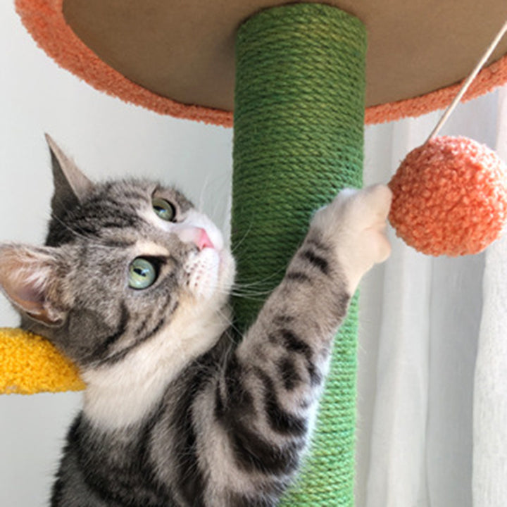Arbre à chat contemporain créatif en forme de fleur cylindrique en panneau de fibres à densité moyenne, velours Teddy et corde de chanvre pour chambre à coucher 