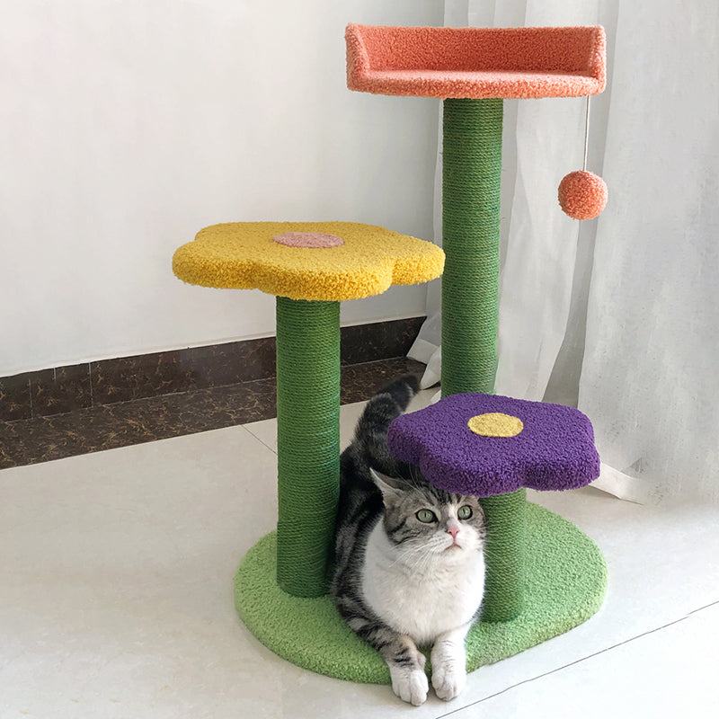 Arbre à chat contemporain créatif en forme de fleur cylindrique en panneau de fibres à densité moyenne, velours Teddy et corde de chanvre pour chambre à coucher 
