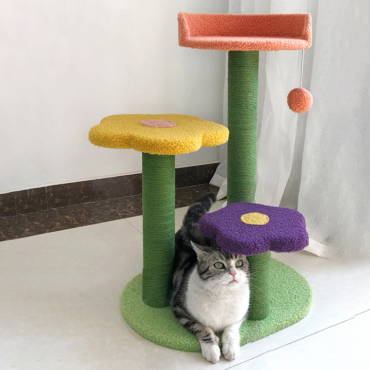 Arbre à chat contemporain créatif en forme de fleur cylindrique en panneau de fibres à densité moyenne, velours Teddy et corde de chanvre pour chambre à coucher 