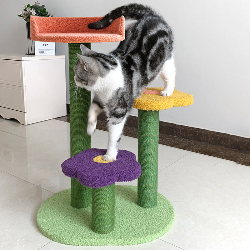 Arbre à chat contemporain créatif en forme de fleur cylindrique en panneau de fibres à densité moyenne, velours Teddy et corde de chanvre pour chambre à coucher 