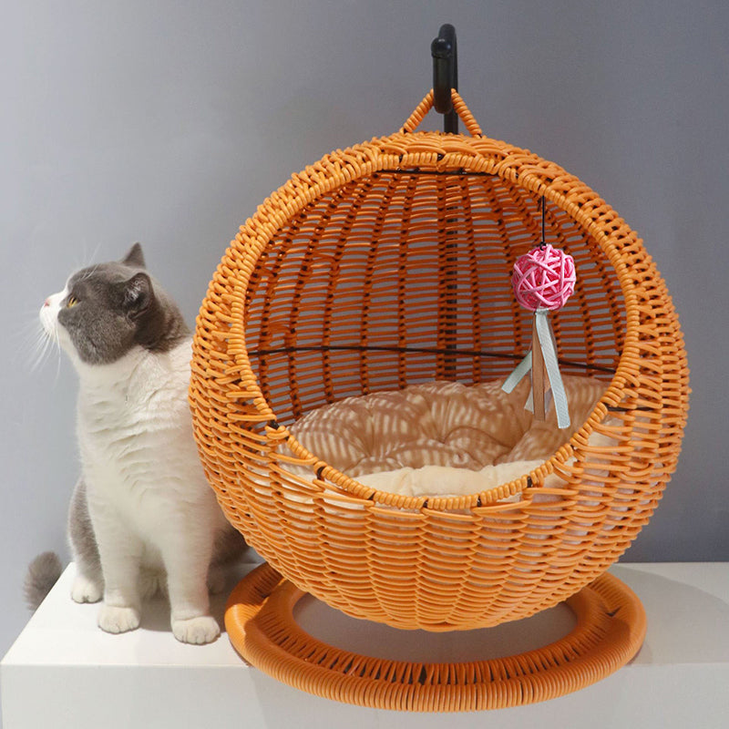 Lit pour chat en hamac de style bohème contemporain, rond, en rotin PP, herbe marine et papier kraft, pour chambre à coucher 