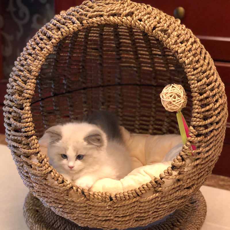 Lit pour chat en hamac de style bohème contemporain, rond, en rotin PP, herbe marine et papier kraft, pour chambre à coucher 