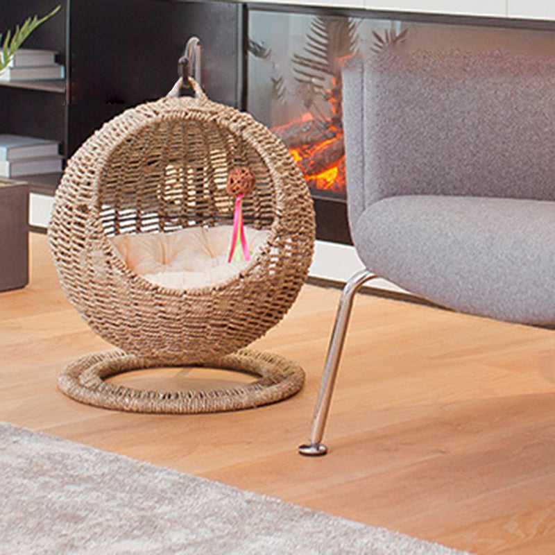 Lit pour chat en hamac de style bohème contemporain, rond, en rotin PP, herbe marine et papier kraft, pour chambre à coucher 
