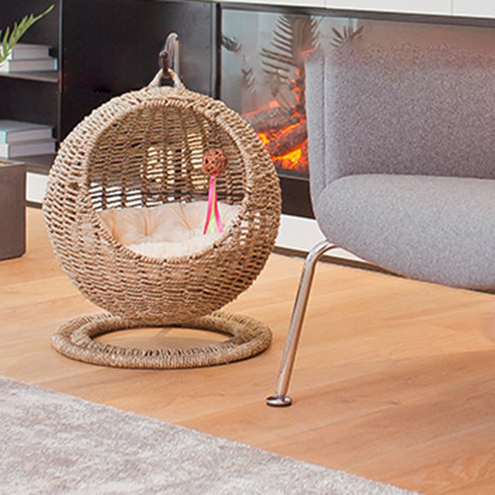 Lit pour chat en hamac de style bohème contemporain, rond, en rotin PP, herbe marine et papier kraft, pour chambre à coucher 