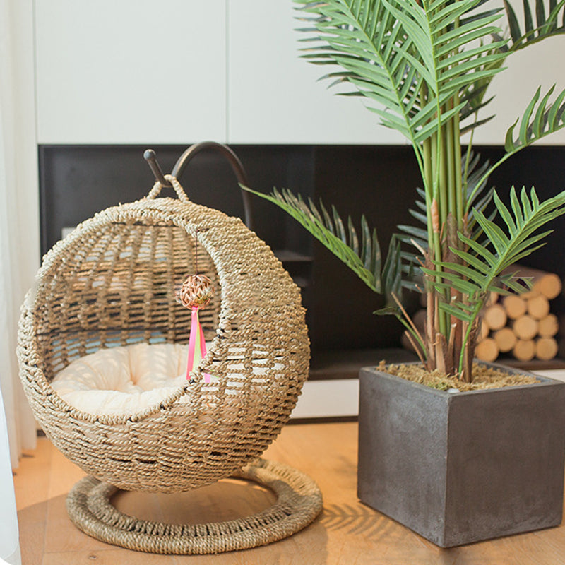 Lit pour chat en hamac de style bohème contemporain, rond, en rotin PP, herbe marine et papier kraft, pour chambre à coucher 