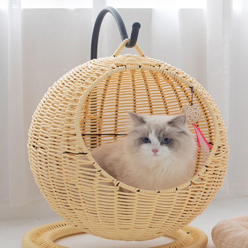 Lit pour chat en hamac de style bohème contemporain, rond, en rotin PP, herbe marine et papier kraft, pour chambre à coucher 