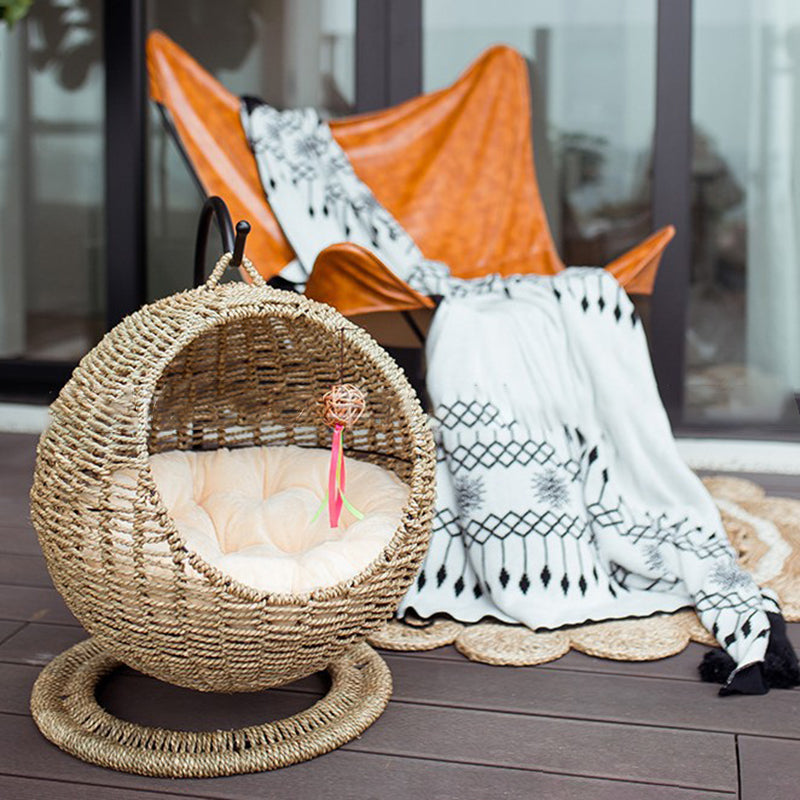 Lit pour chat en hamac de style bohème contemporain, rond, en rotin PP, herbe marine et papier kraft, pour chambre à coucher 