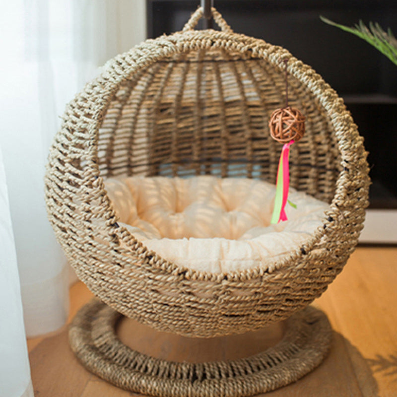 Lit pour chat en hamac de style bohème contemporain, rond, en rotin PP, herbe marine et papier kraft, pour chambre à coucher 