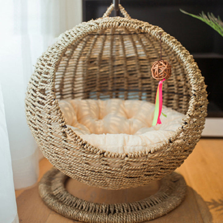 Lit pour chat en hamac de style bohème contemporain, rond, en rotin PP, herbe marine et papier kraft, pour chambre à coucher 