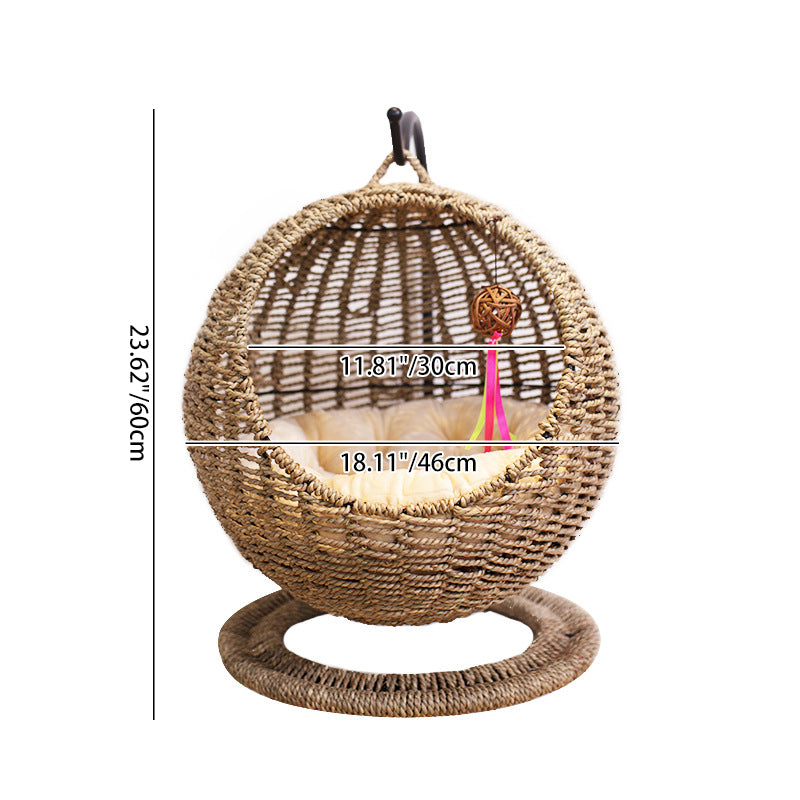 Lit pour chat en hamac de style bohème contemporain, rond, en rotin PP, herbe marine et papier kraft, pour chambre à coucher 