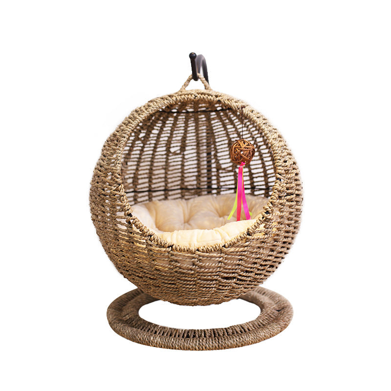 Lit pour chat en hamac de style bohème contemporain, rond, en rotin PP, herbe marine et papier kraft, pour chambre à coucher 