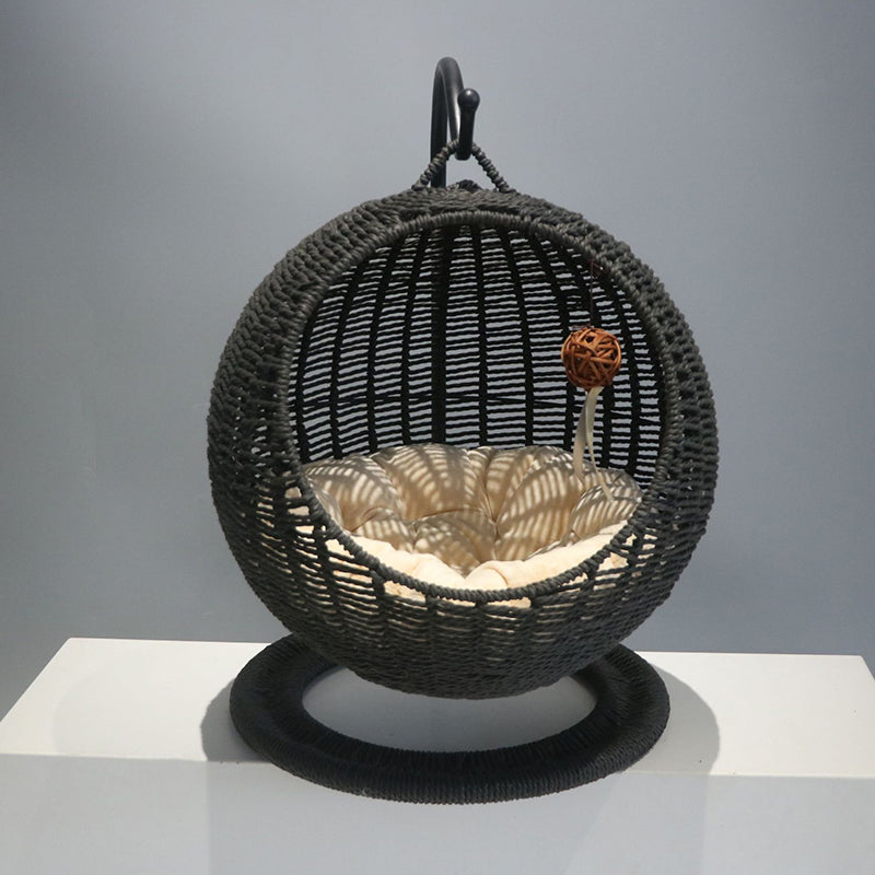 Lit pour chat en hamac de style bohème contemporain, rond, en rotin PP, herbe marine et papier kraft, pour chambre à coucher 