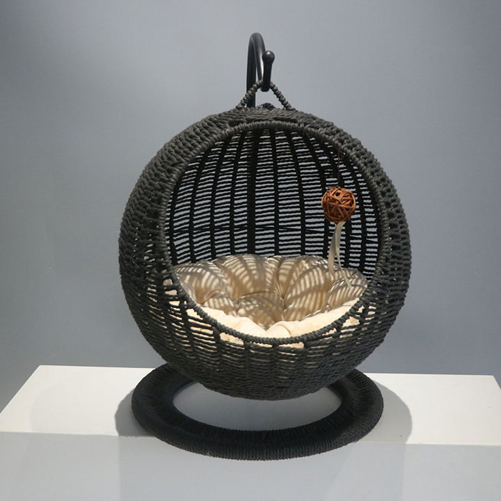 Lit pour chat en hamac de style bohème contemporain, rond, en rotin PP, herbe marine et papier kraft, pour chambre à coucher 