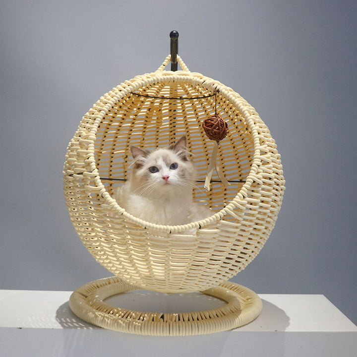 Lit pour chat en hamac de style bohème contemporain, rond, en rotin PP, herbe marine et papier kraft, pour chambre à coucher 