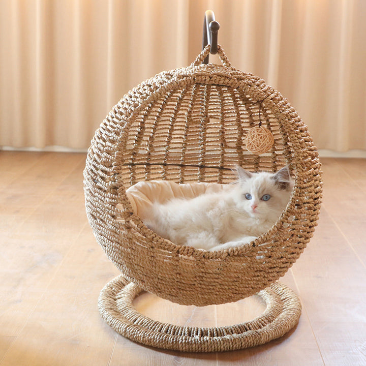 Lit pour chat en hamac de style bohème contemporain, rond, en rotin PP, herbe marine et papier kraft, pour chambre à coucher 
