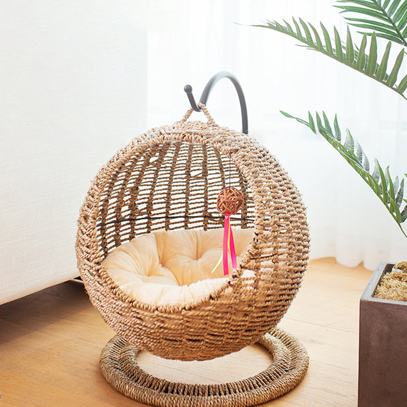 Lit pour chat en hamac de style bohème contemporain, rond, en rotin PP, herbe marine et papier kraft, pour chambre à coucher 