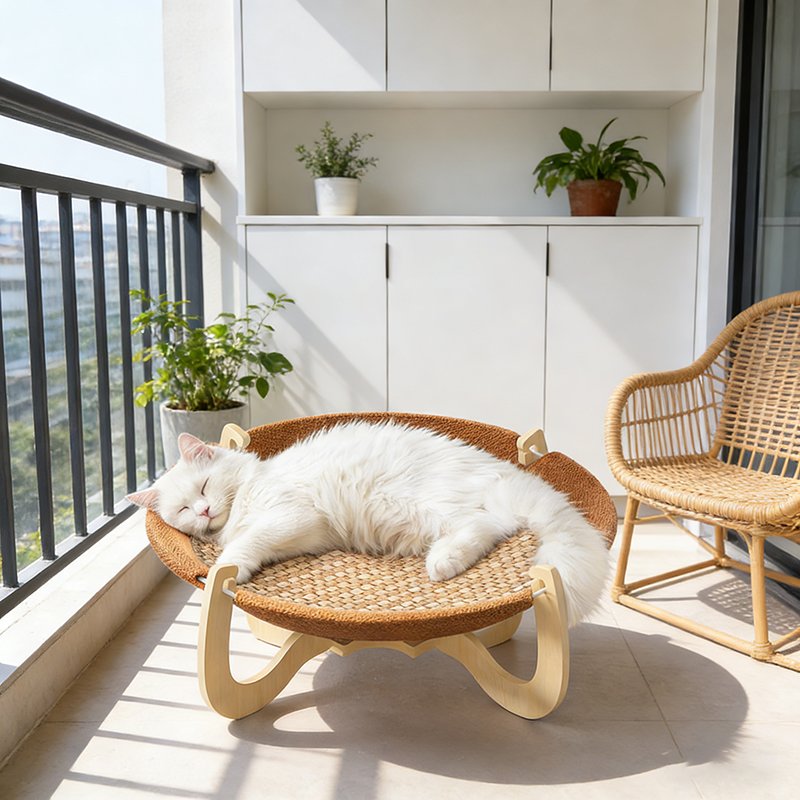 Zeitgenössisches Boho Rundes Rattanmatte Massivholz Mehrschichtplatte Stoff Mitteldichte Faserplatte Katzenbett Für Schlafzimmer 